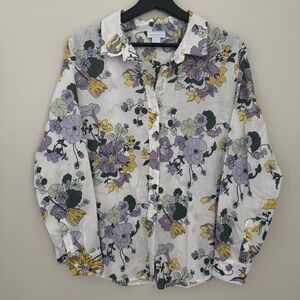 Liz Claiborne Linen Cotton Floral Button-Up Shirt White Yellow Lavender Size L